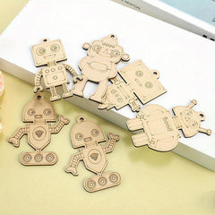 Wooden robot ornaments on a light surface