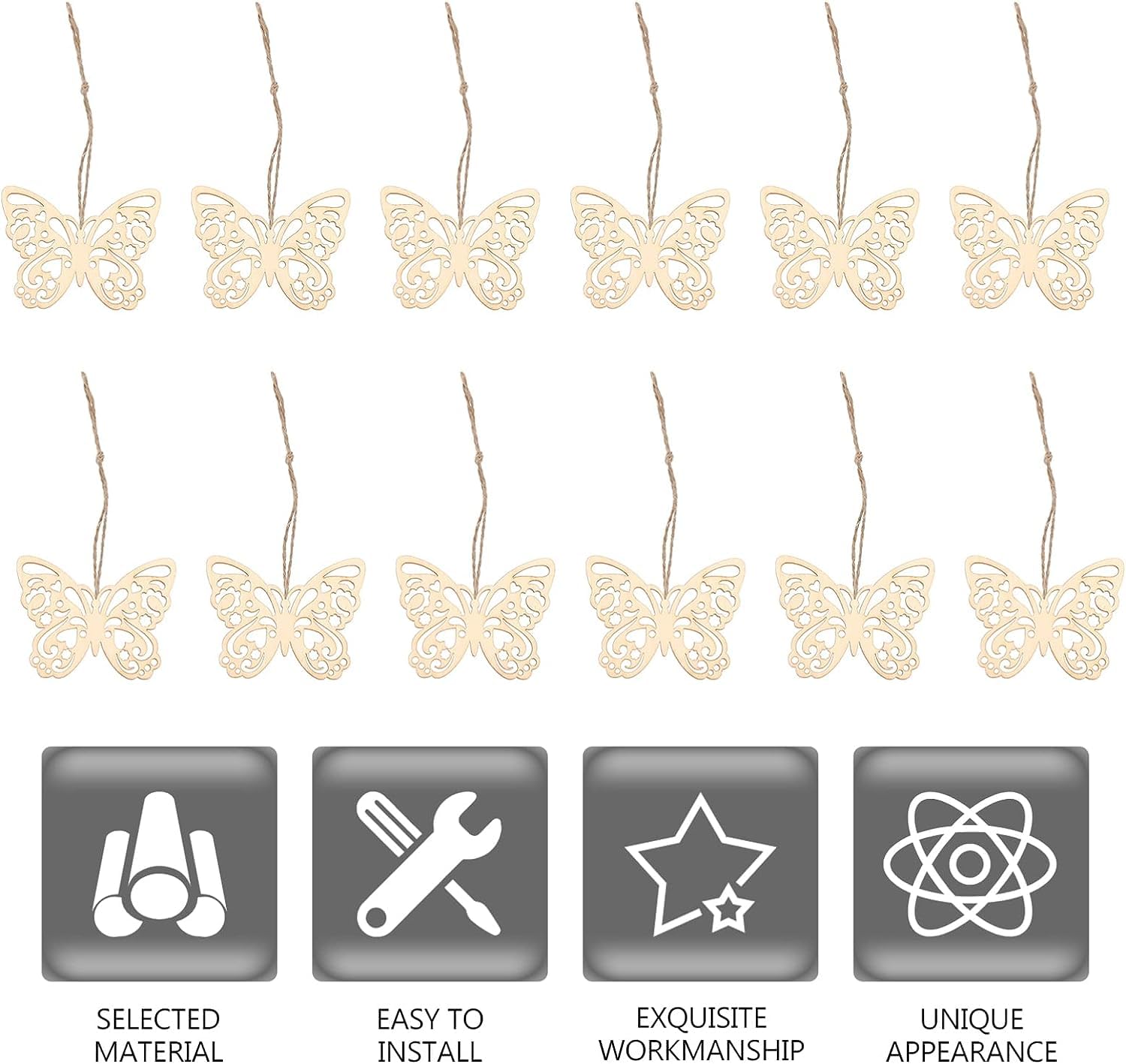 Butterfly-shaped decorations hanging from strings with icons and text below on a white background