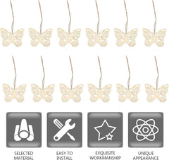 Butterfly-shaped decorations hanging from strings with icons and text below on a white background