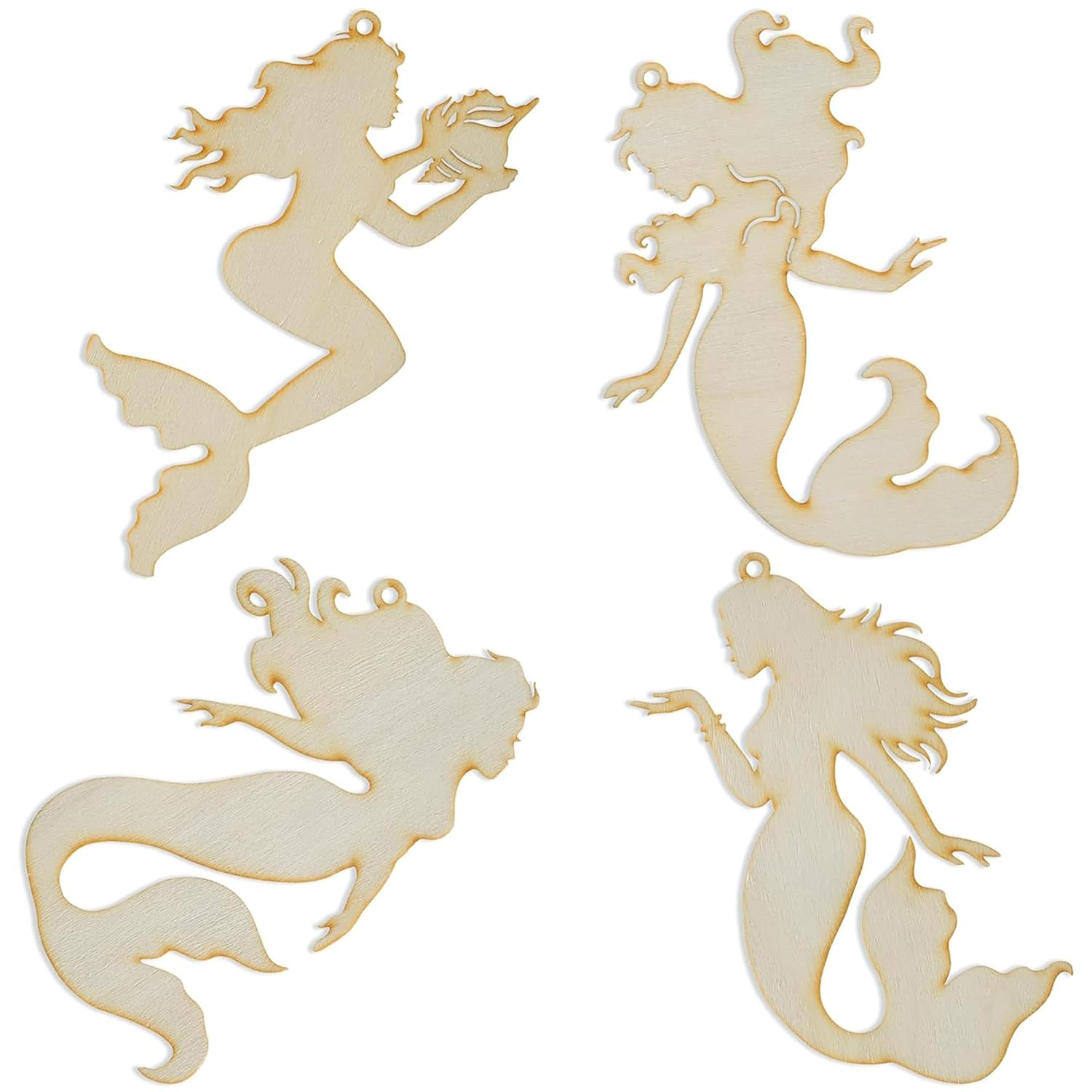 Four wooden mermaid silhouette ornaments on a white background
