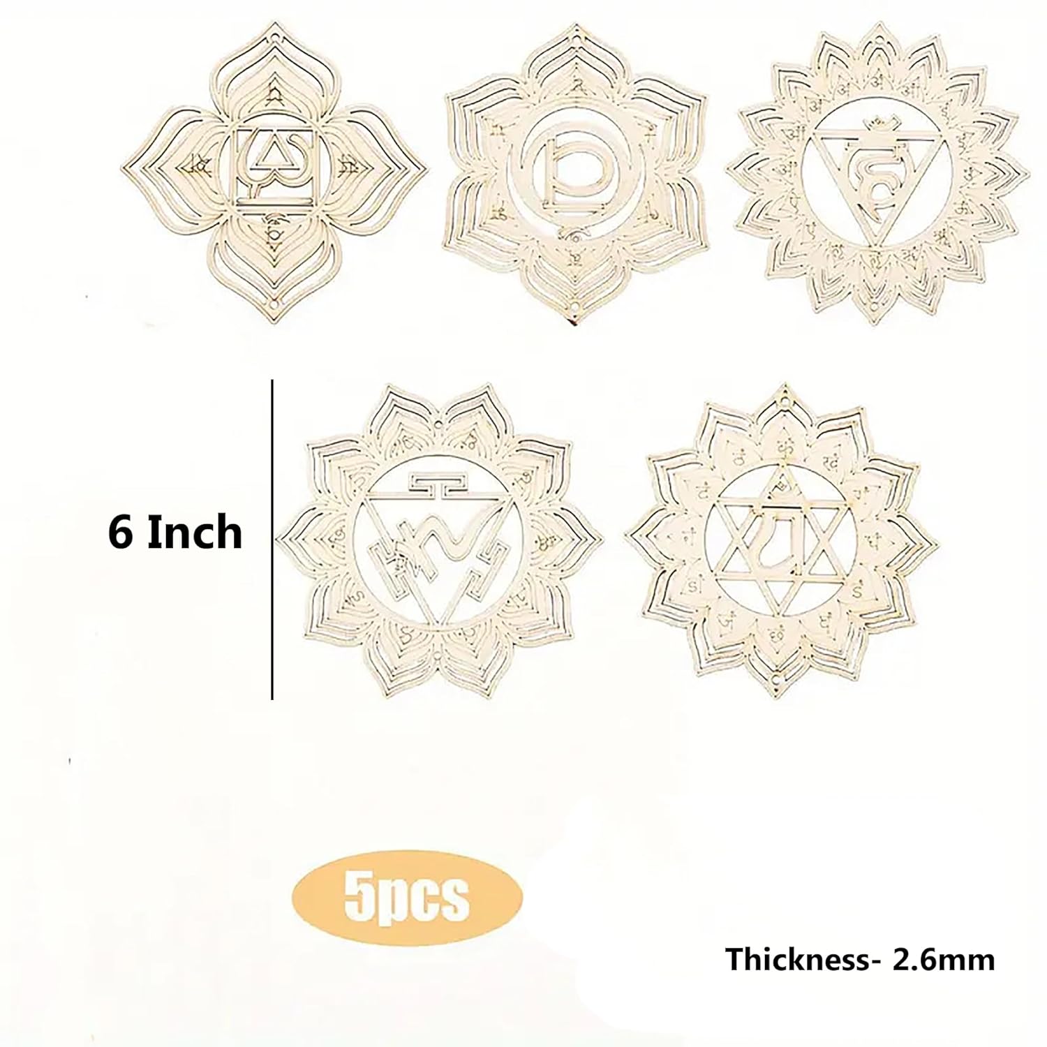 Set of five 6-inch mandala designs with thickness and quantity information on a white background
