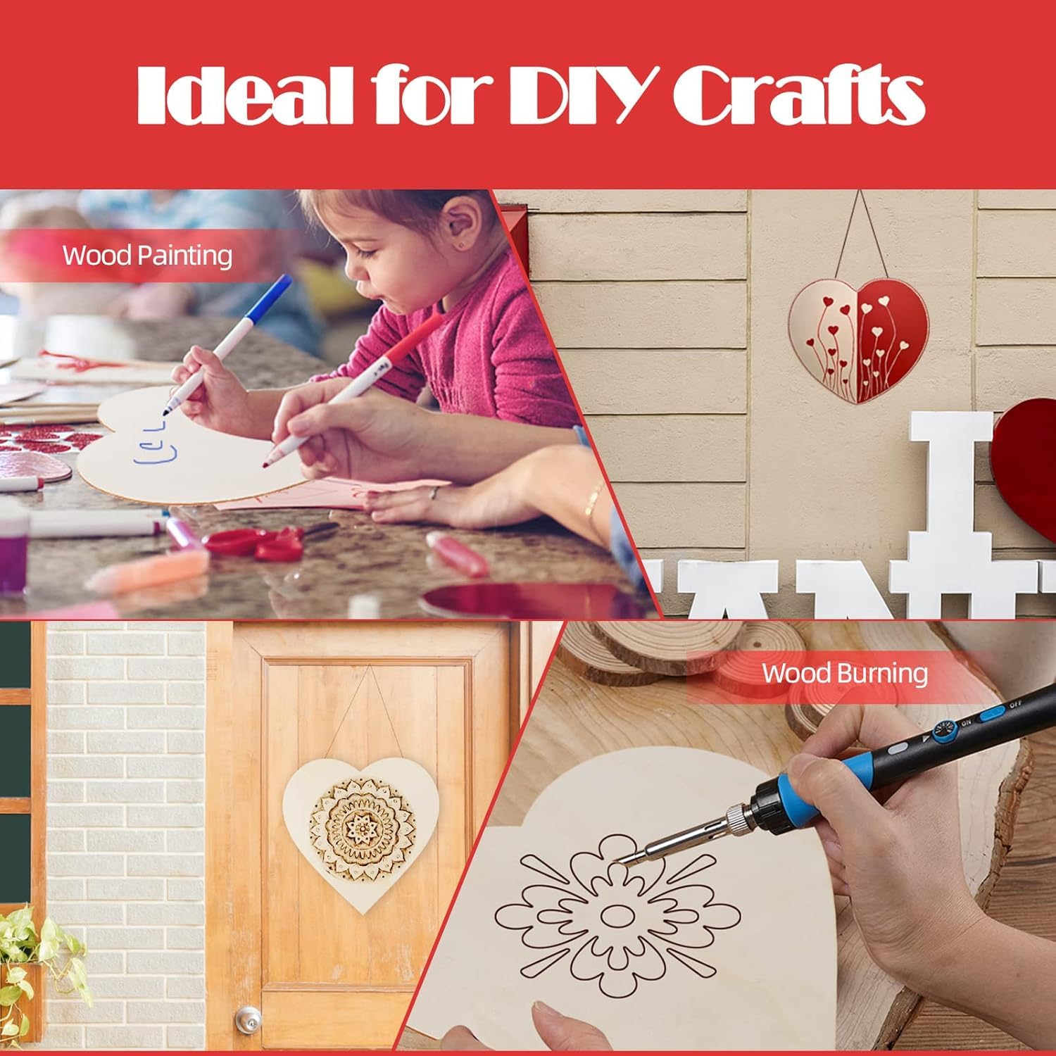 Collage of DIY crafts activities including wood painting and wood burning with text 'Ideal for DIY Crafts'.