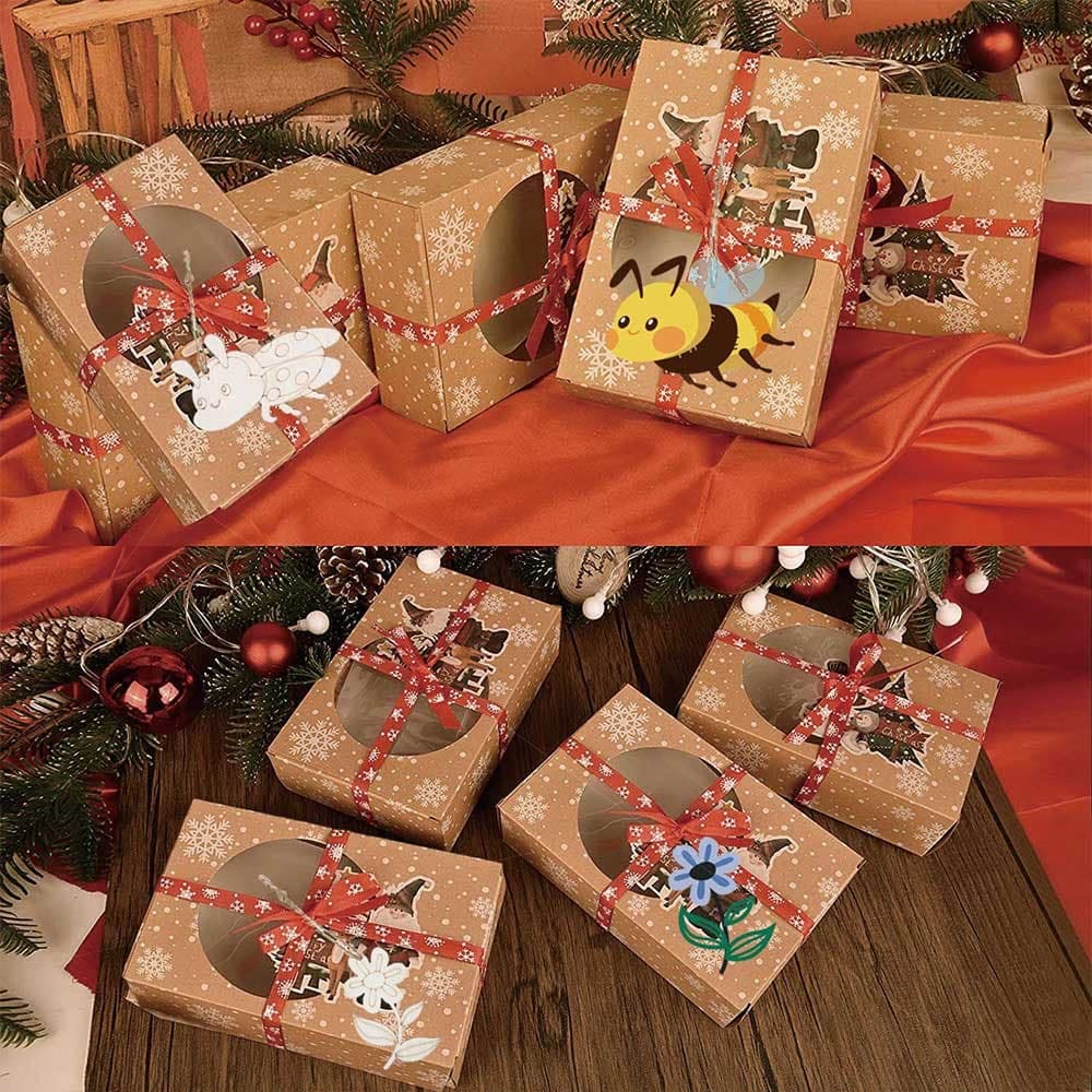 Decorative gift boxes with festive designs on a red and wooden surface.