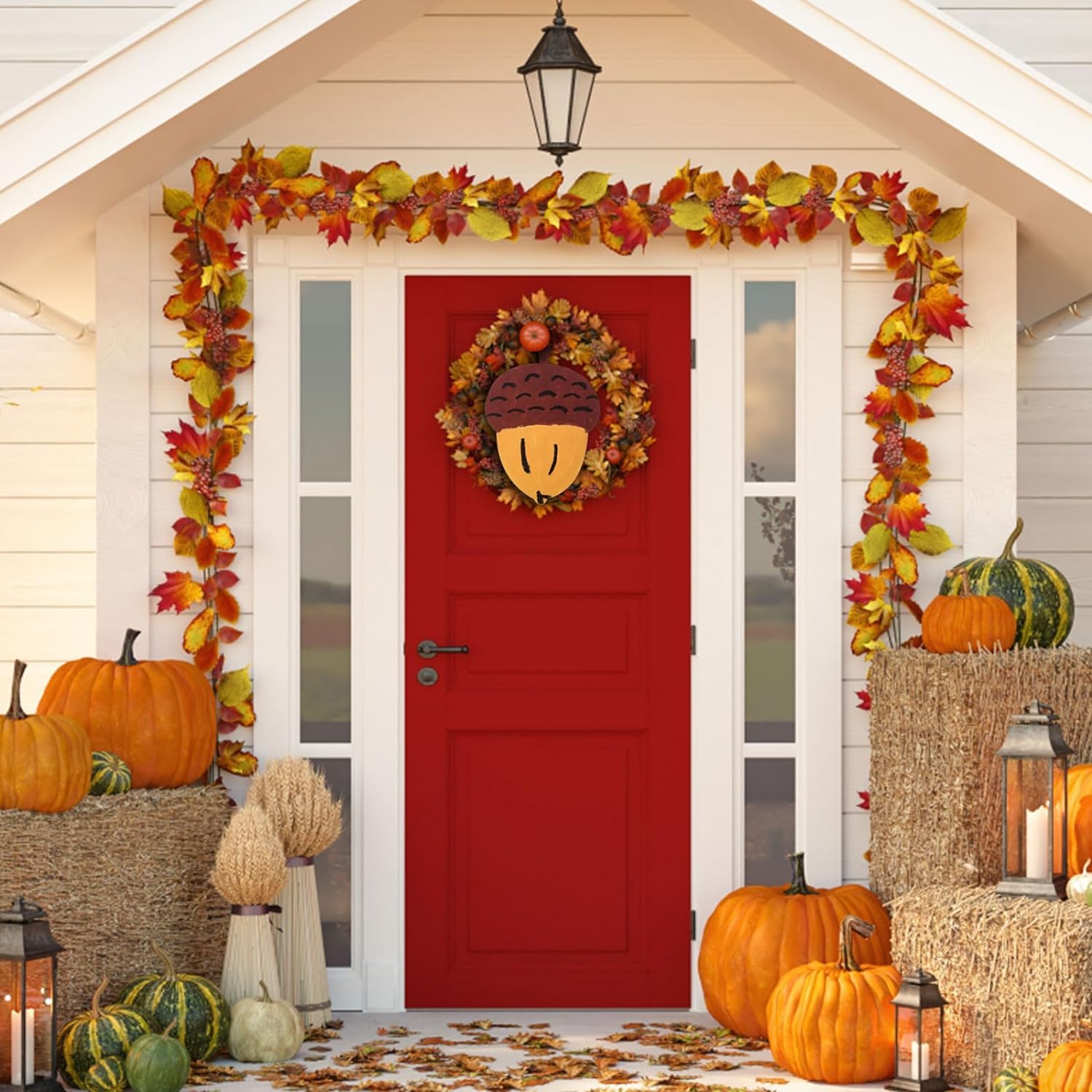 Decorative autumn scene with a red door, pumpkins, and leaf decorations on a house exterior.