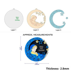 Three layers of a decorative item with a baby and stars design, showing measurements and thickness.