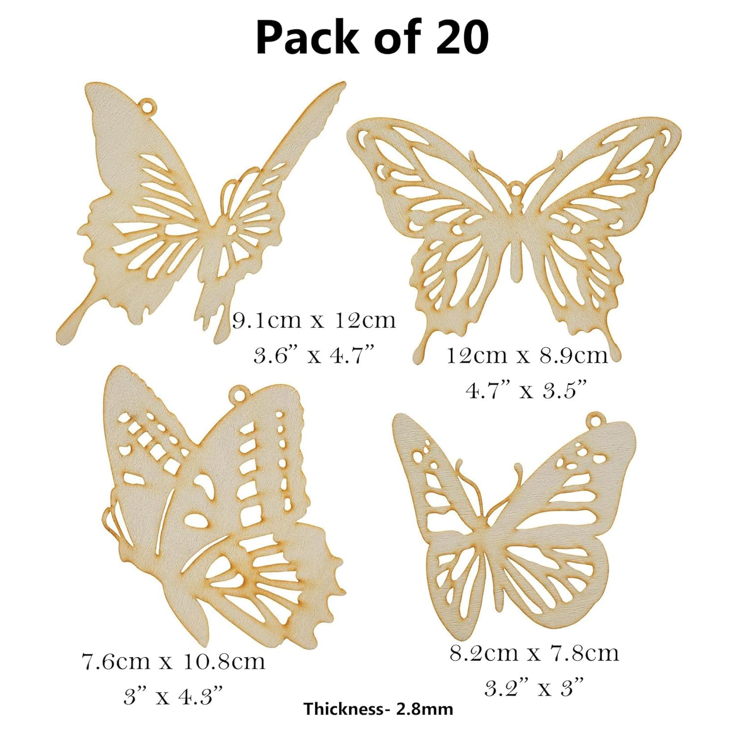 Pack of 20 butterfly-shaped wooden decorations with measurements on a white background