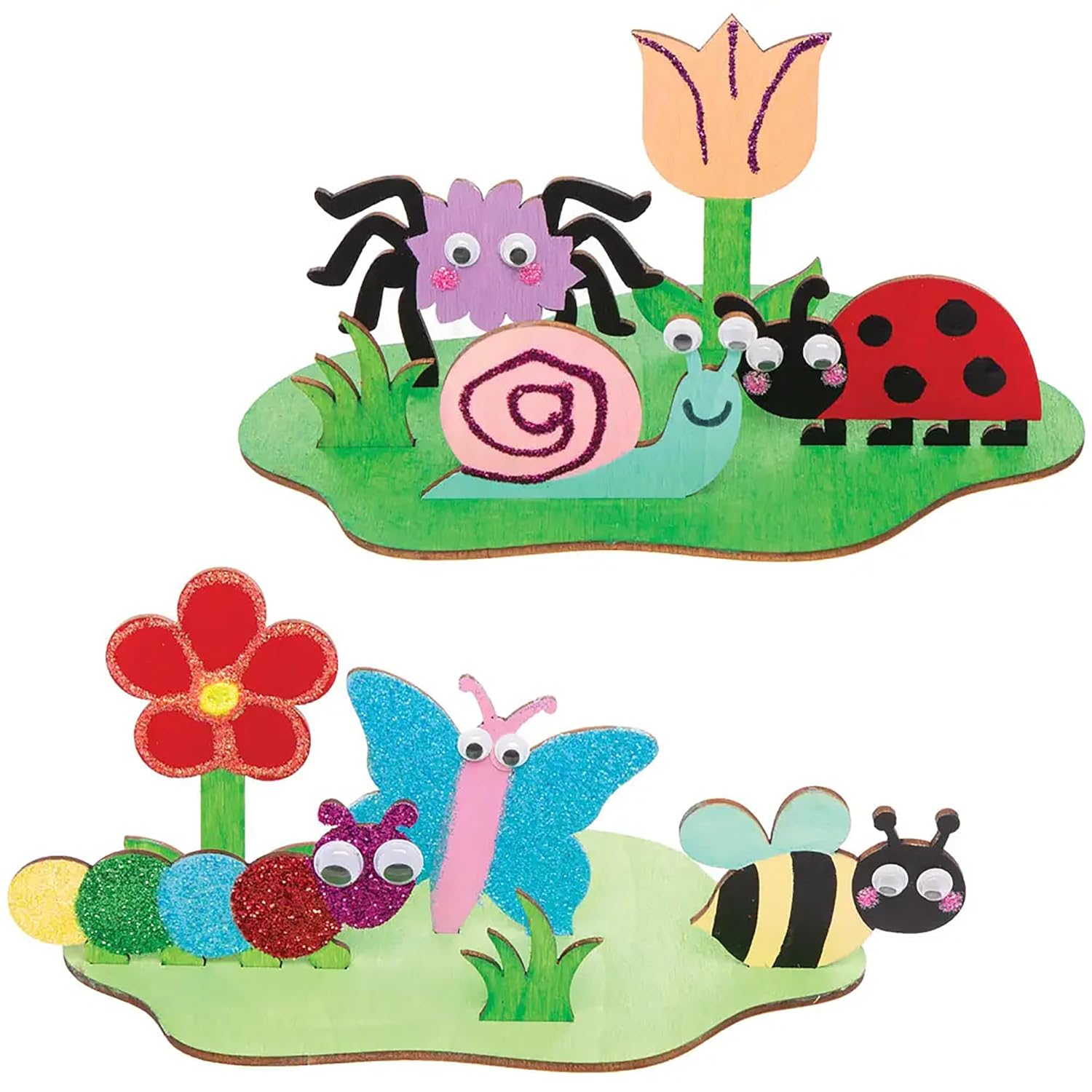 Set of colorful wooden insect figures on a white background