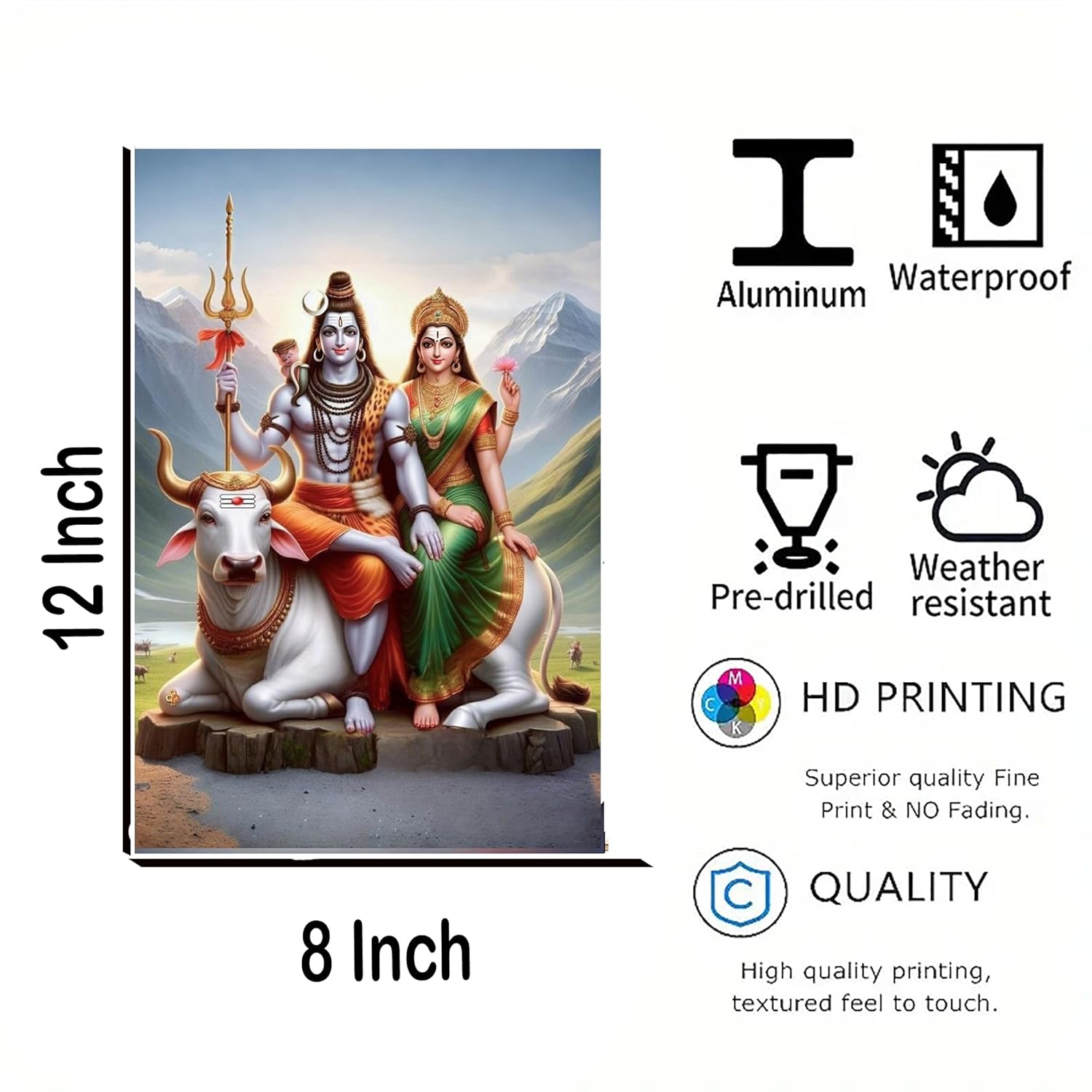 Decorative panel with religious figures, bull, and mountain landscape, featuring product details on a white background.