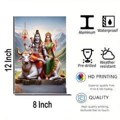 Decorative panel with religious figures, bull, and mountain landscape, featuring product details on a white background.