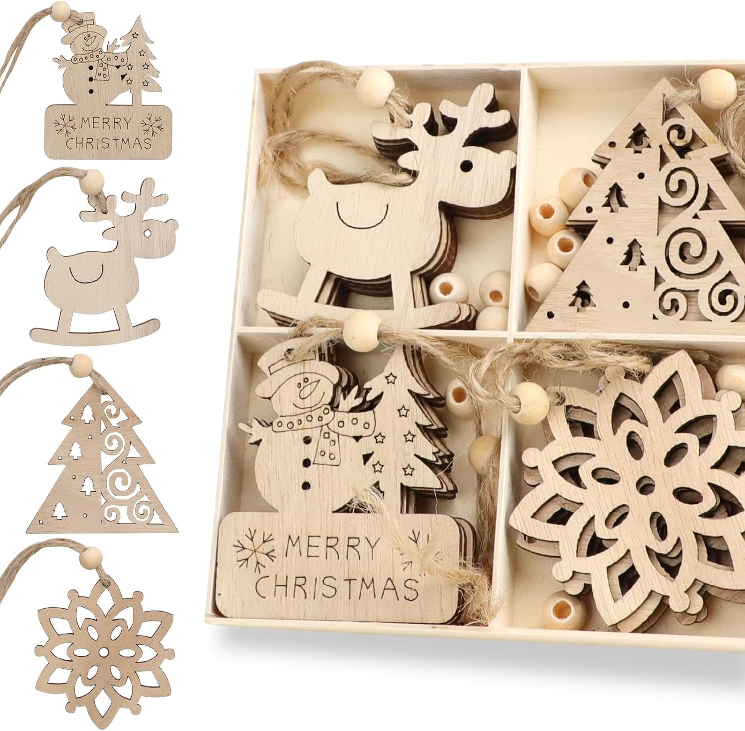 Set of wooden Christmas ornaments in a box on a white background