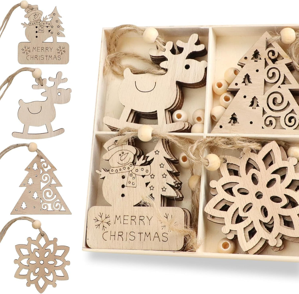 Set of wooden Christmas ornaments in a box on a white background