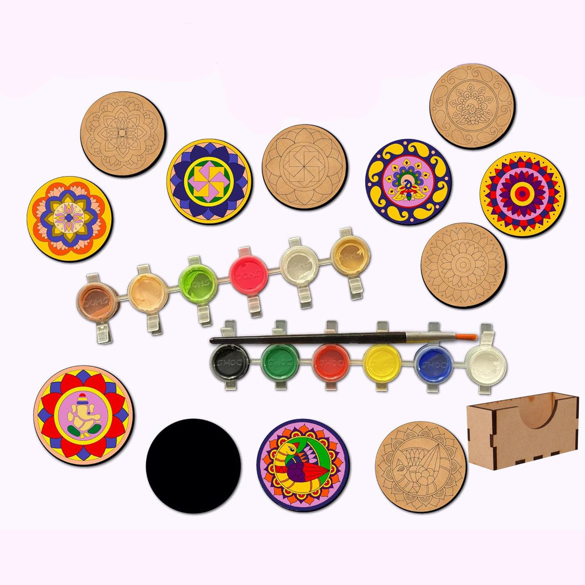 Artistic painting kit with colorful circular designs, paint pots, and a brush on a white background.