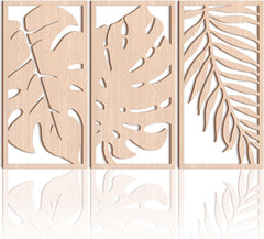 Three wooden panels with leaf patterns on a white background