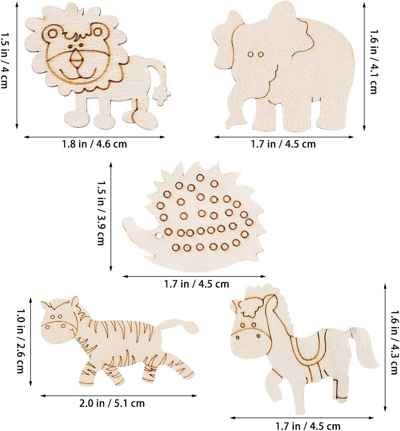 Wooden animal cutouts with dimensions labeled