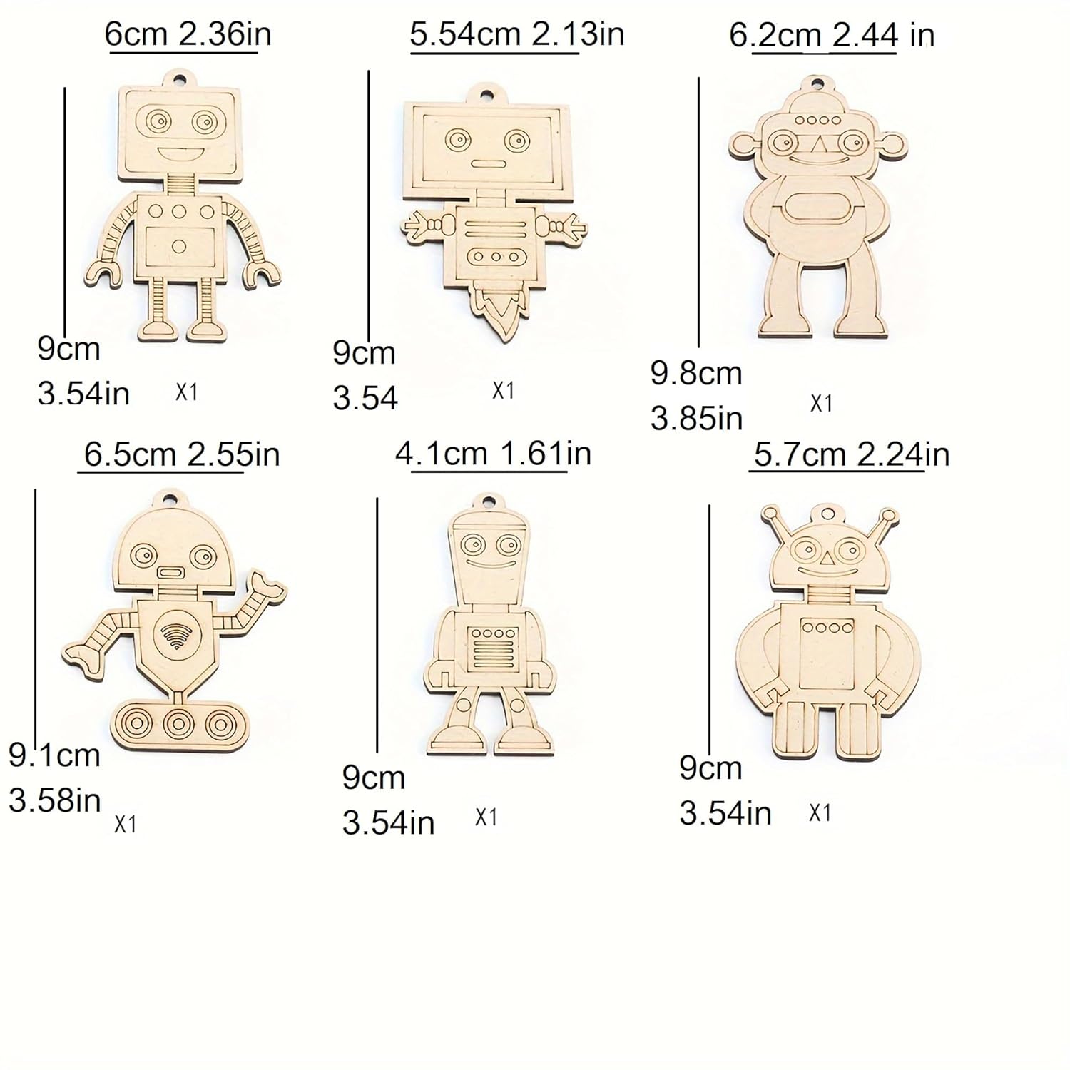 Set of robot-shaped wooden pieces with measurements on a white background