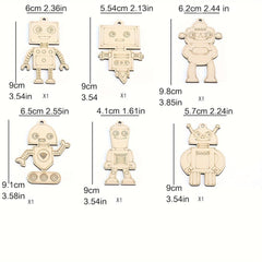 Set of robot-shaped wooden pieces with measurements on a white background