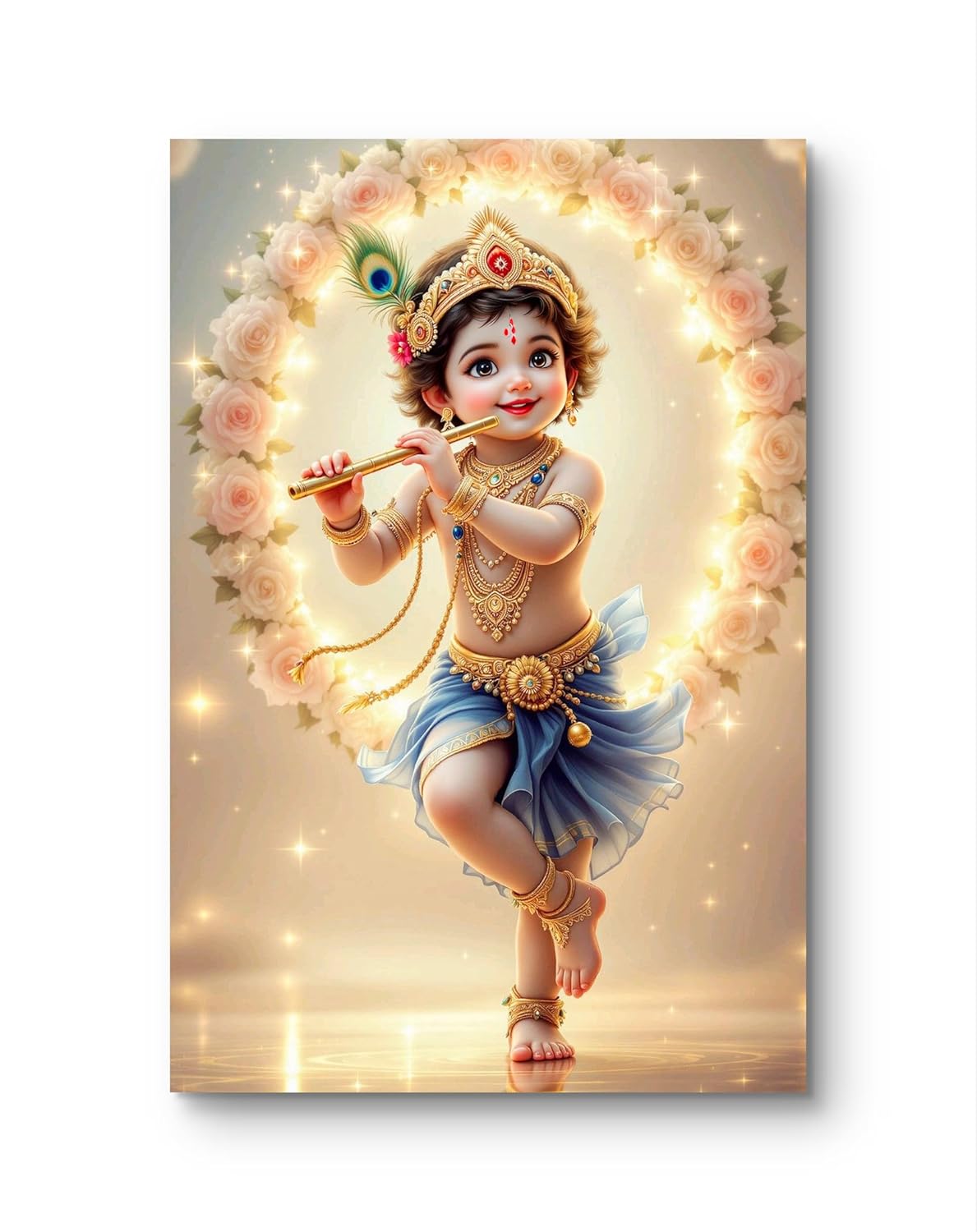 Illustration of a child playing the flute with a floral arch in the background