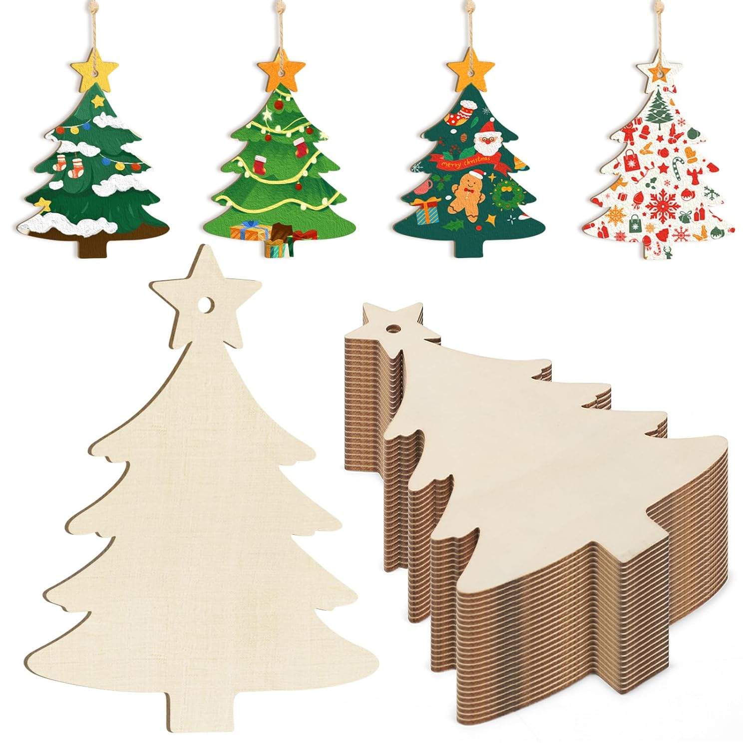 Unfinished wooden Christmas trees and decorated Christmas tree ornaments on a white background