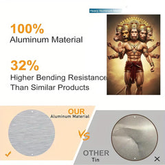 Product comparison of aluminum material vs. other tin, with a statue of a deity on a beige background.