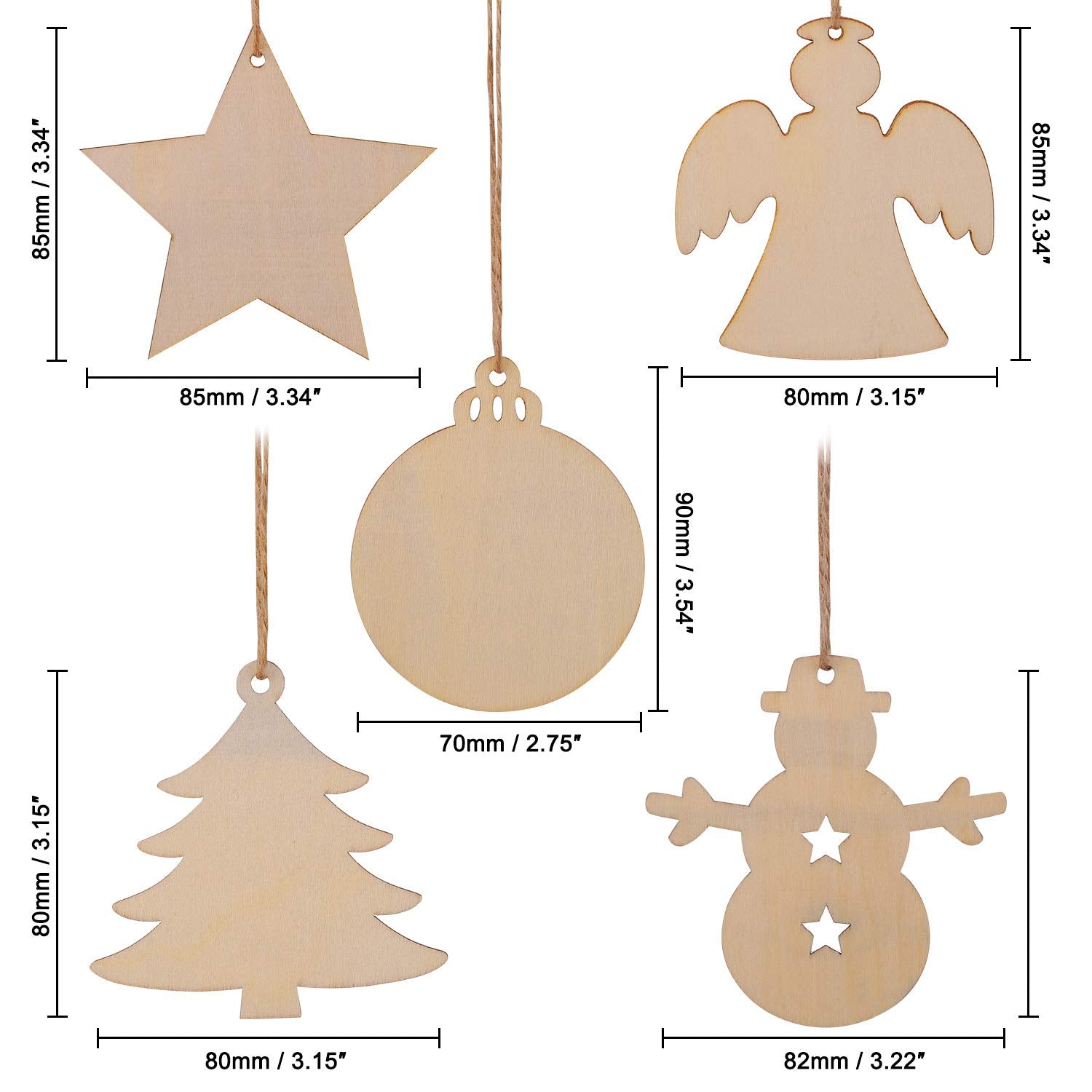 Set of wooden Christmas ornaments with measurements on a white background