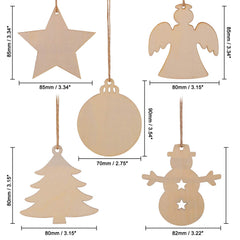 Set of wooden Christmas ornaments with measurements on a white background