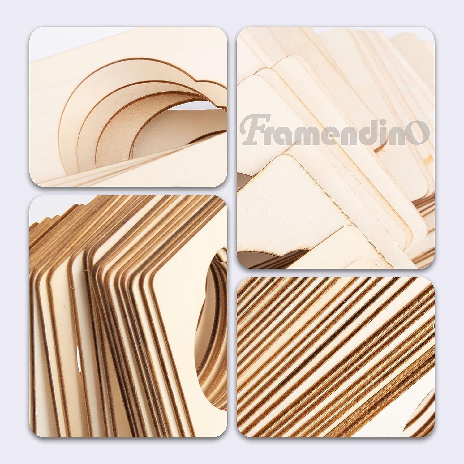 Collage of wooden panels with different patterns on a light gray background, featuring the brand 'Framendino'.