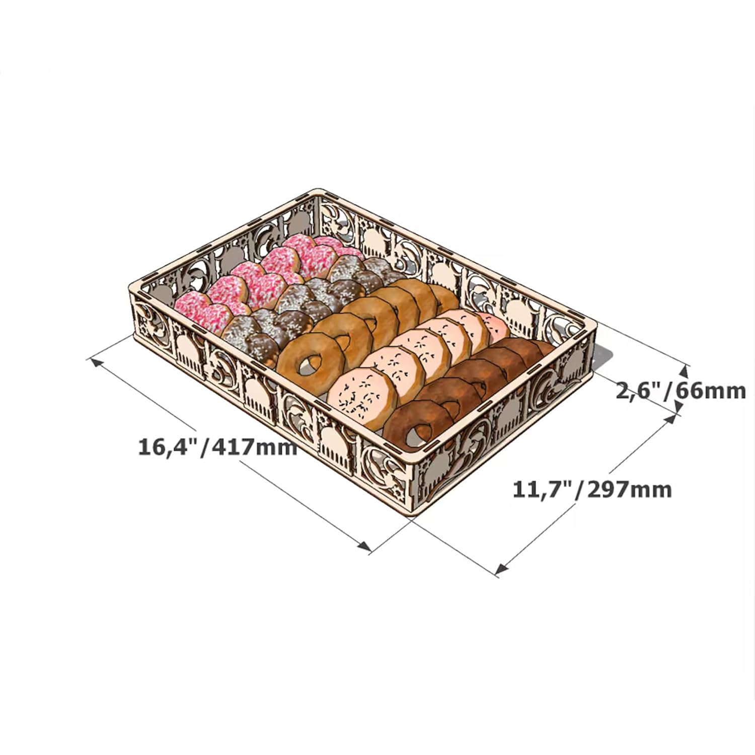 Rectangular decorative tray with pastries and dimensions labeled