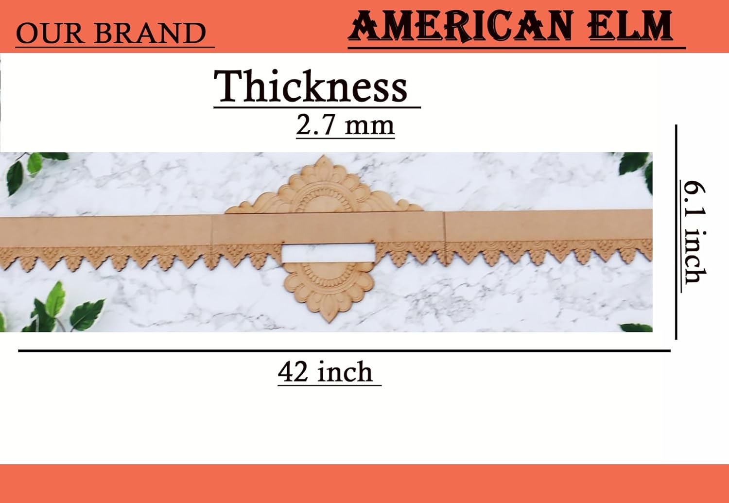Measurement chart for American Elm wood with dimensions on a white background