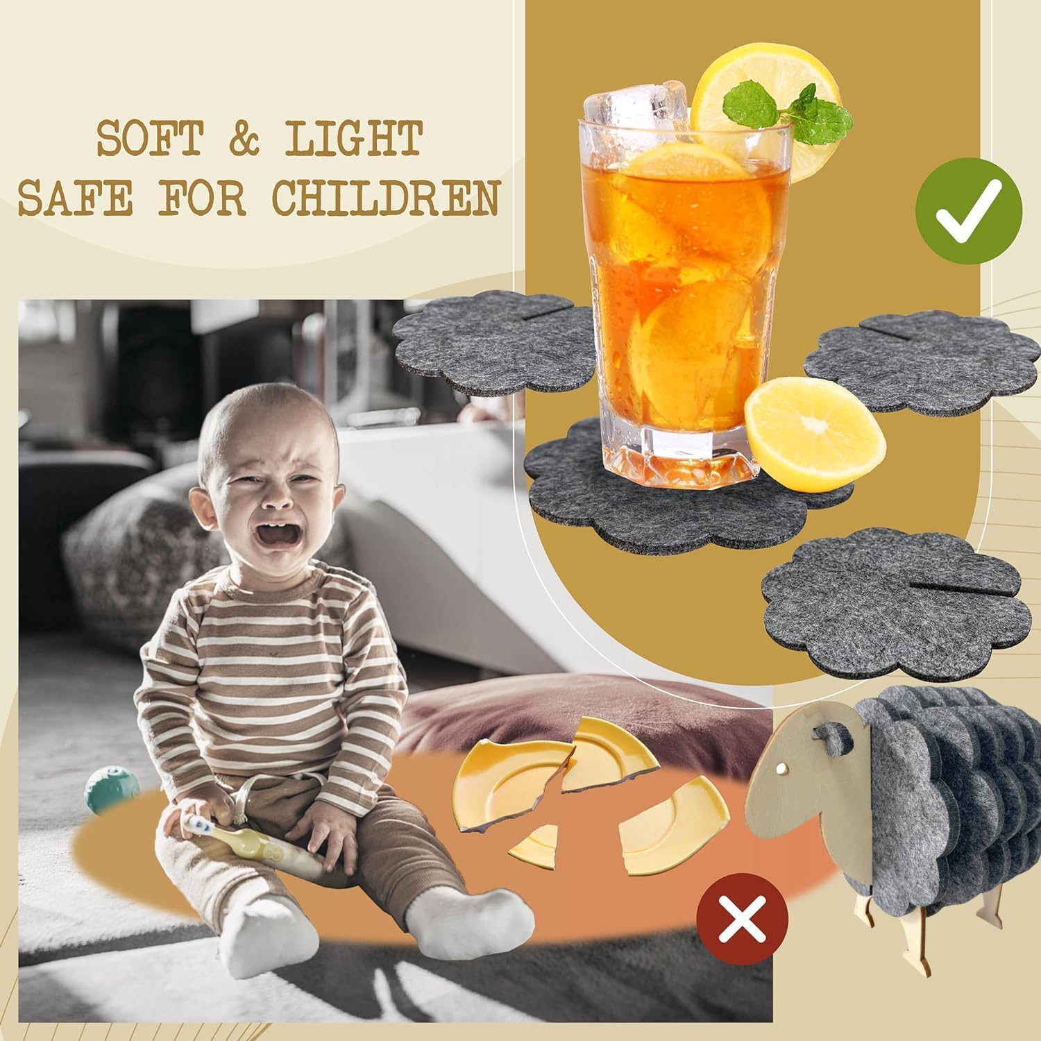 Children's felt coaster set with a glass of iced tea and lemon slices, featuring text 'Soft & Light Safe for Children'.