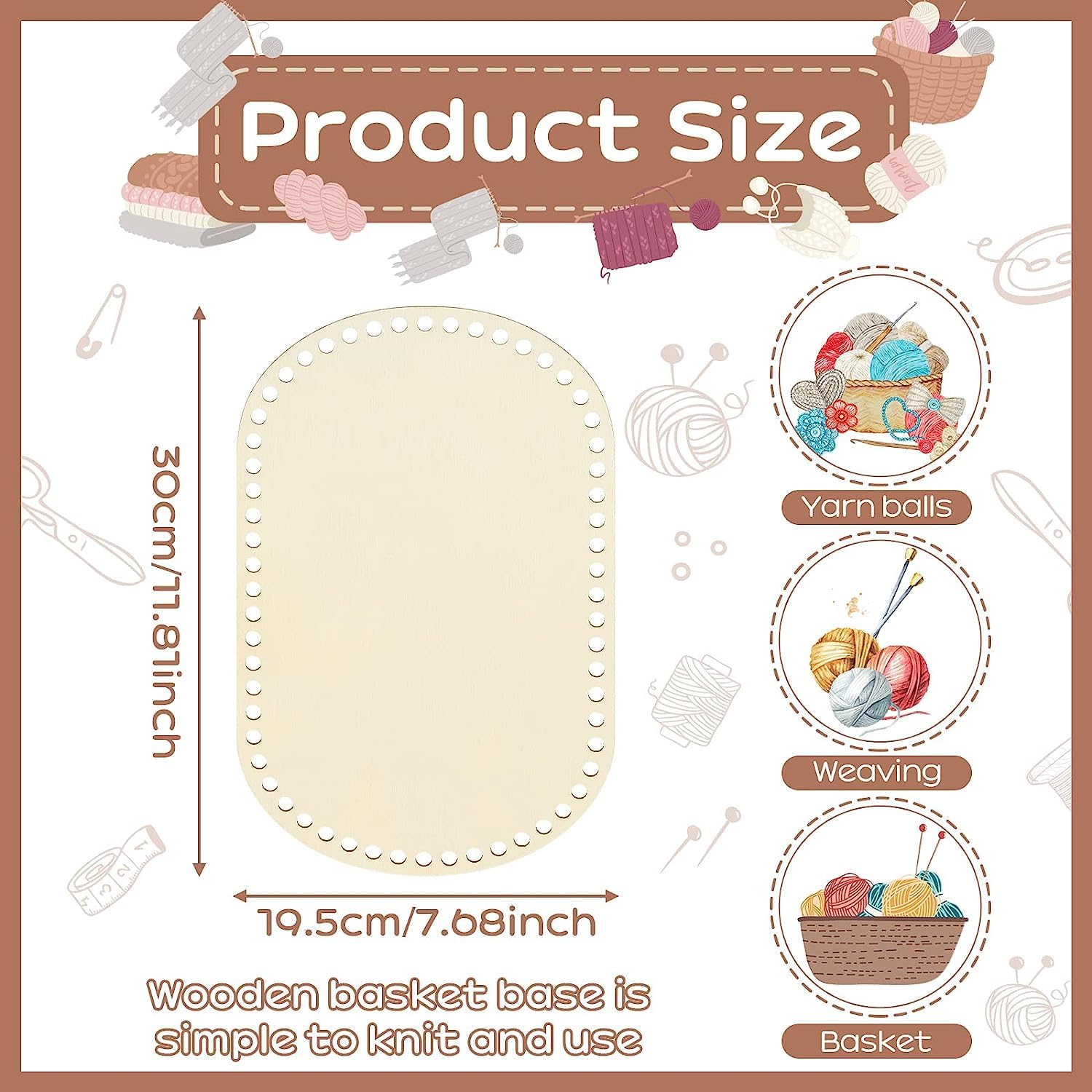 Product size chart for a wooden basket base with yarn balls, weaving tools, and basket illustration.