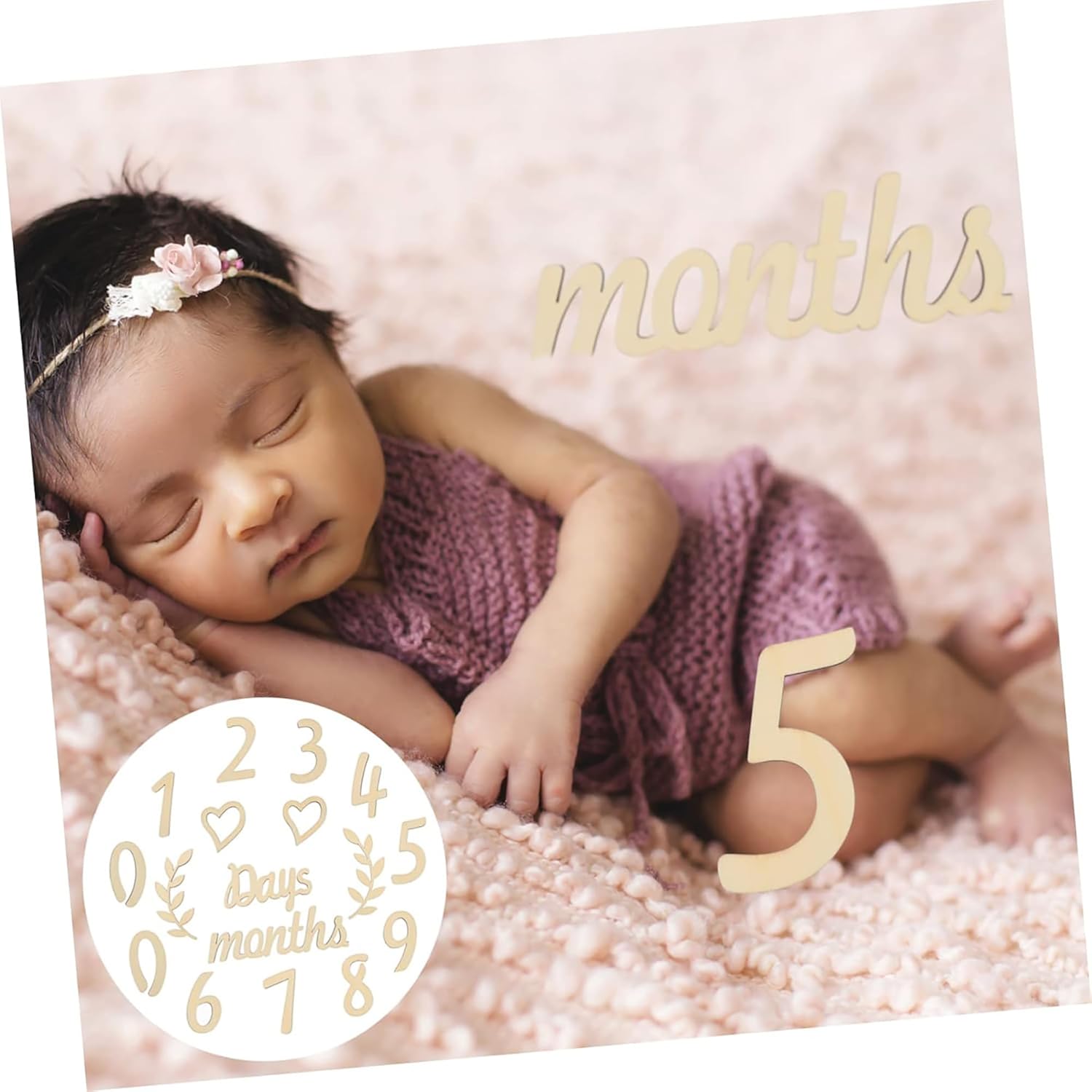 Baby in a purple outfit with 'months' and numbers displayed