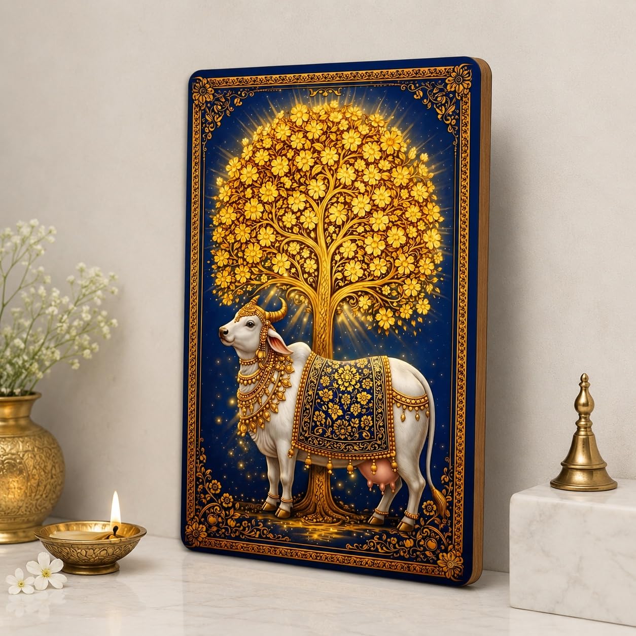kamdhenu cow wooden wall art