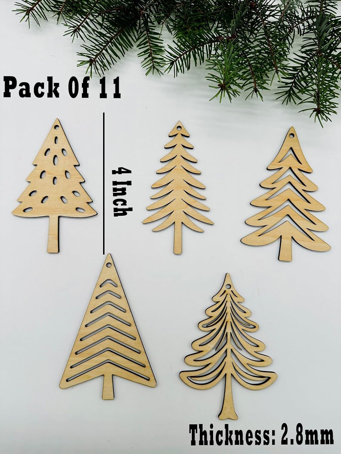Set of wooden Christmas tree ornaments with measurements on a white background.