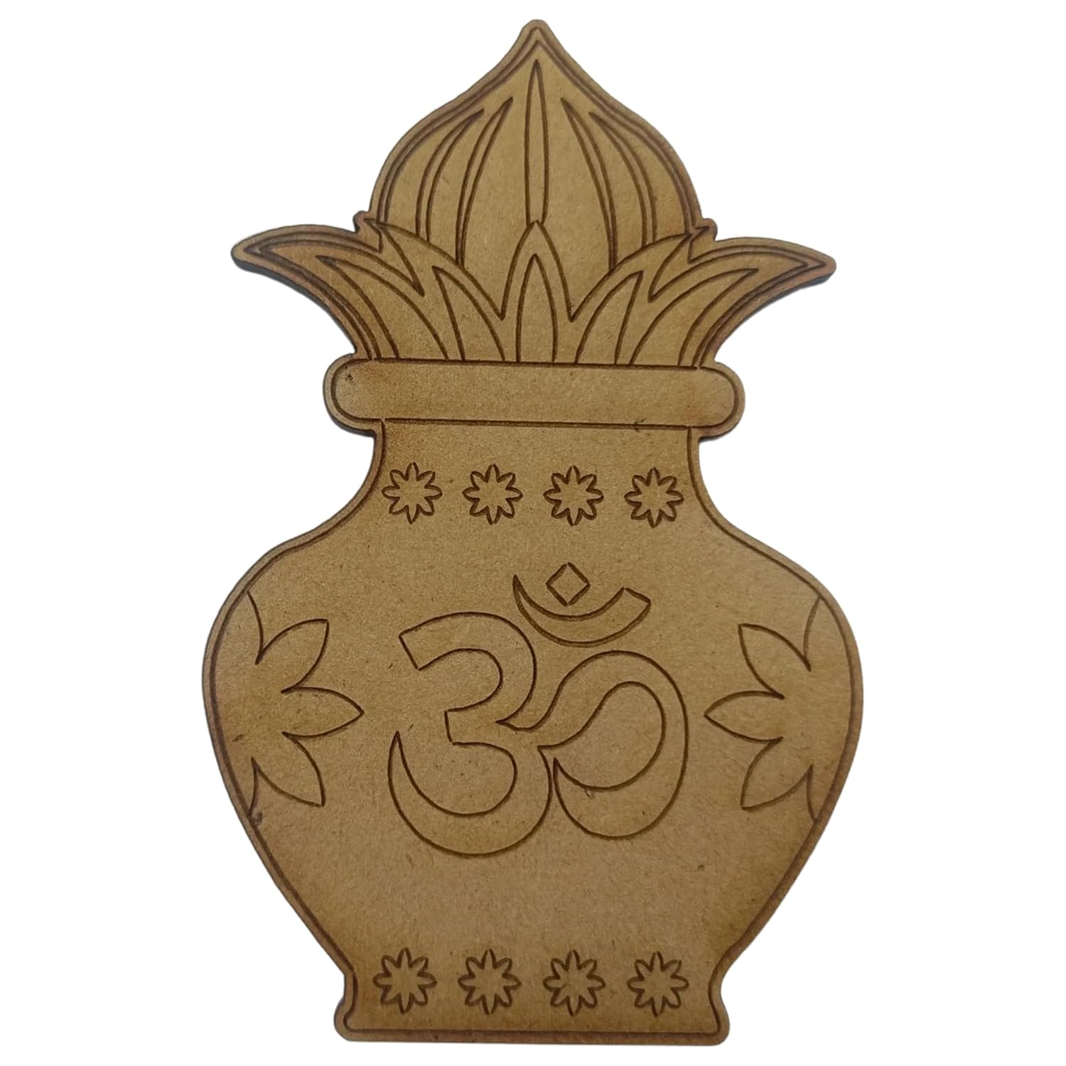 Decorative wooden piece with Om symbol and floral design on a white background