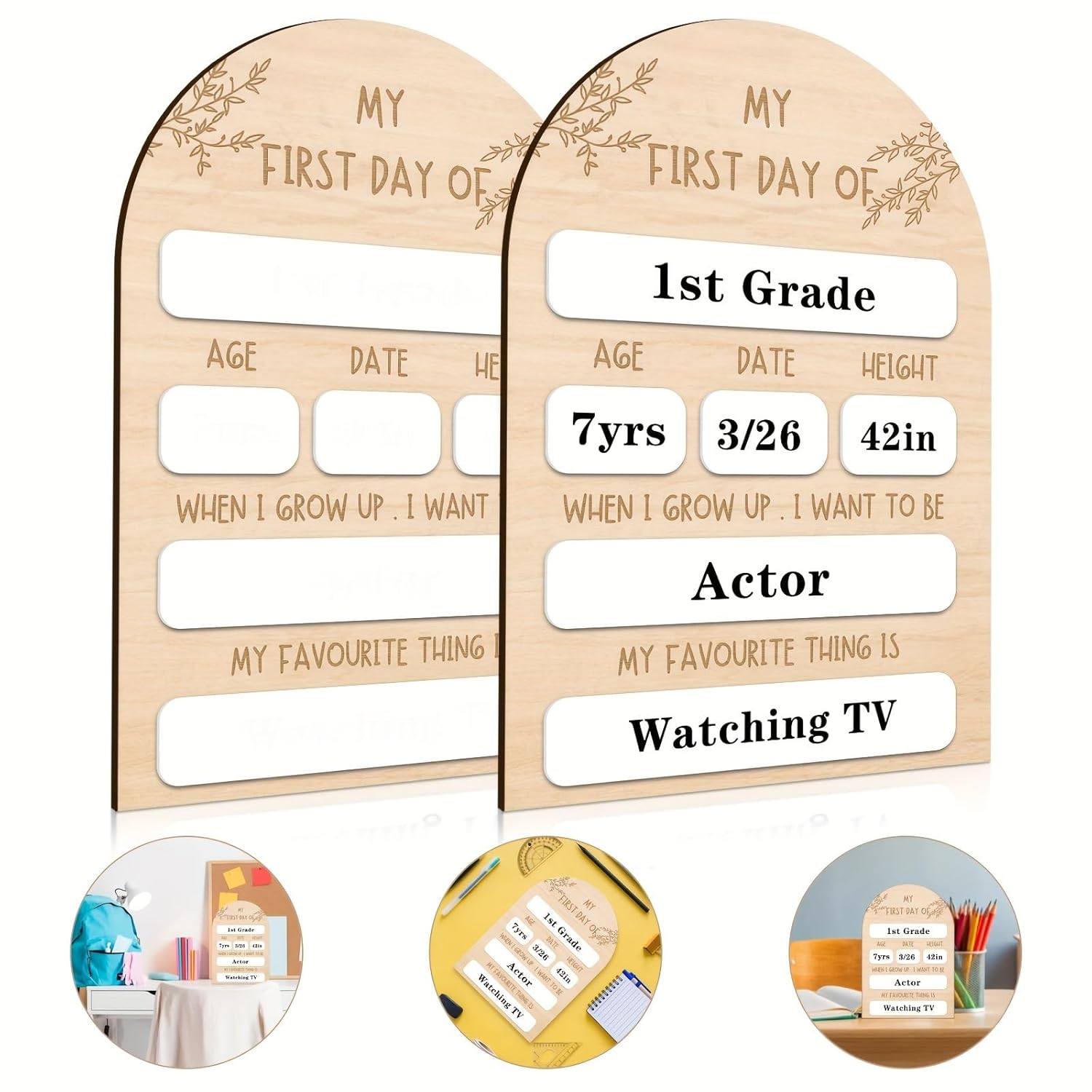 Wooden first day of school sign with customizable fields for age, date, height, and interests.