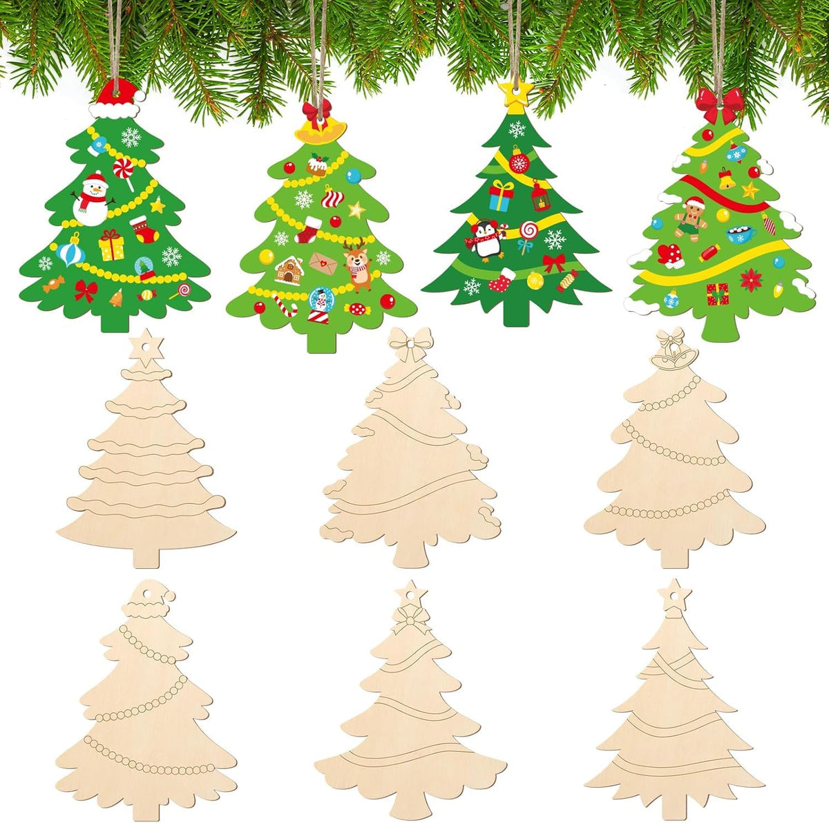 Decorative Christmas tree ornaments with colorful designs on a white background.