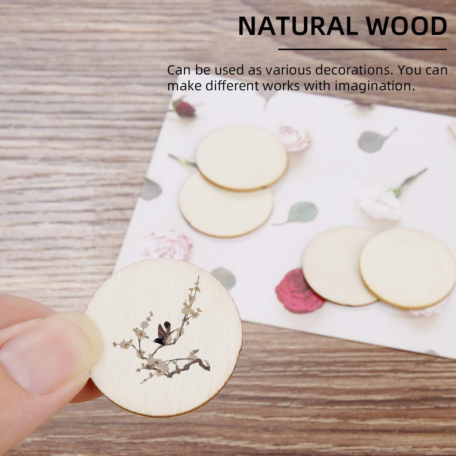Wooden discs with floral designs on a wooden surface, text about natural wood.