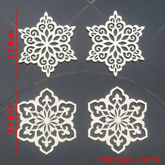 Four white snowflake-shaped cutouts with measurements on a dark background