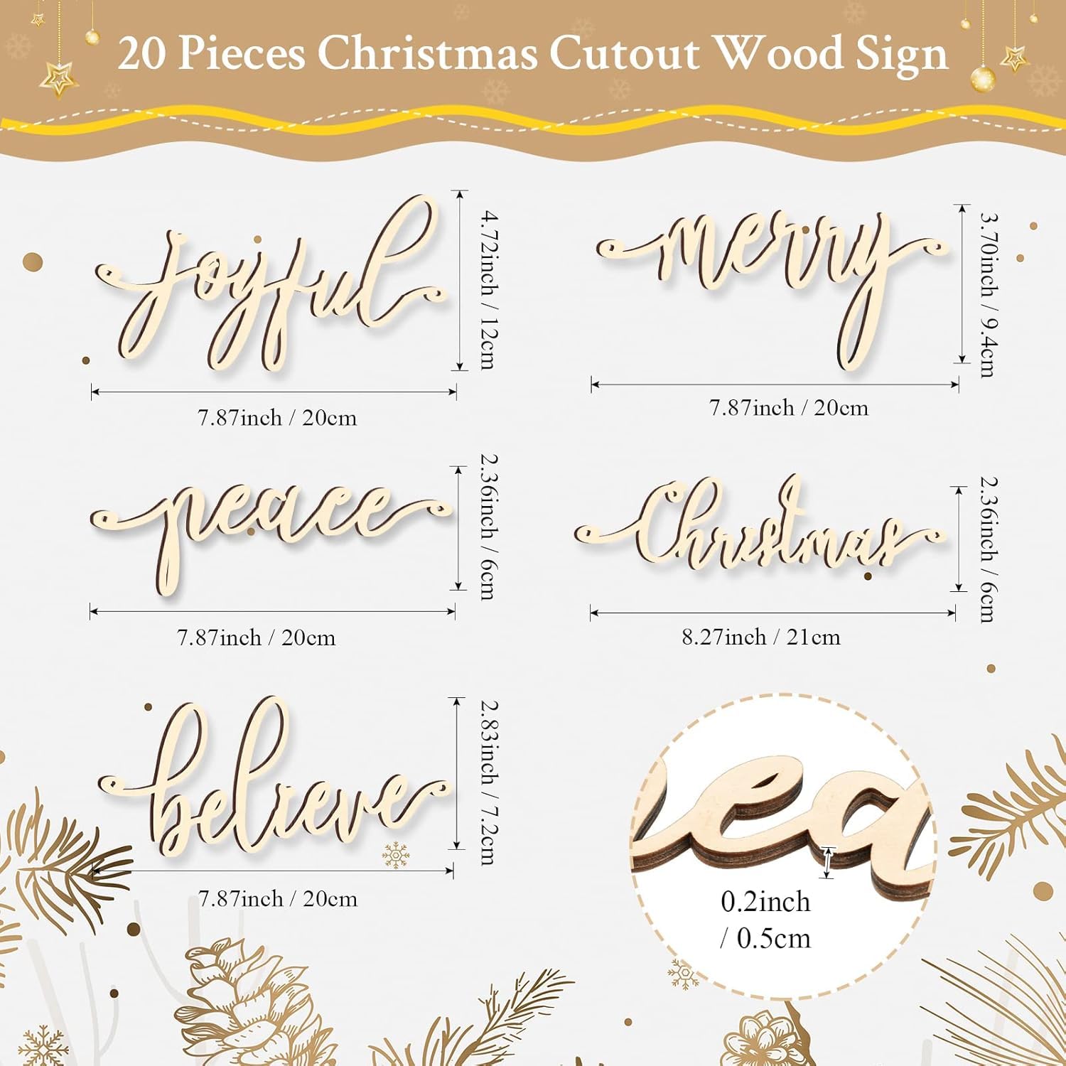 Christmas cutout wood sign with various words and dimensions on a white background