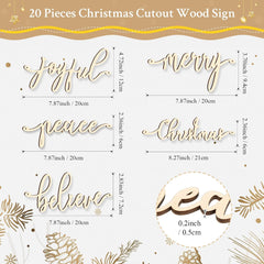 Christmas cutout wood sign with various words and dimensions on a white background