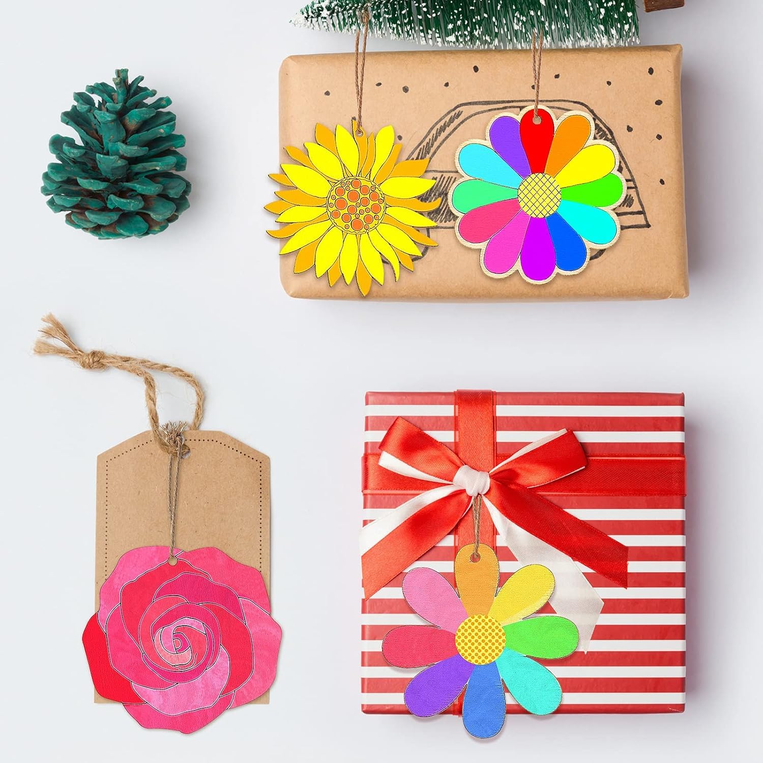 Decorative gift tags with colorful flowers on a white background