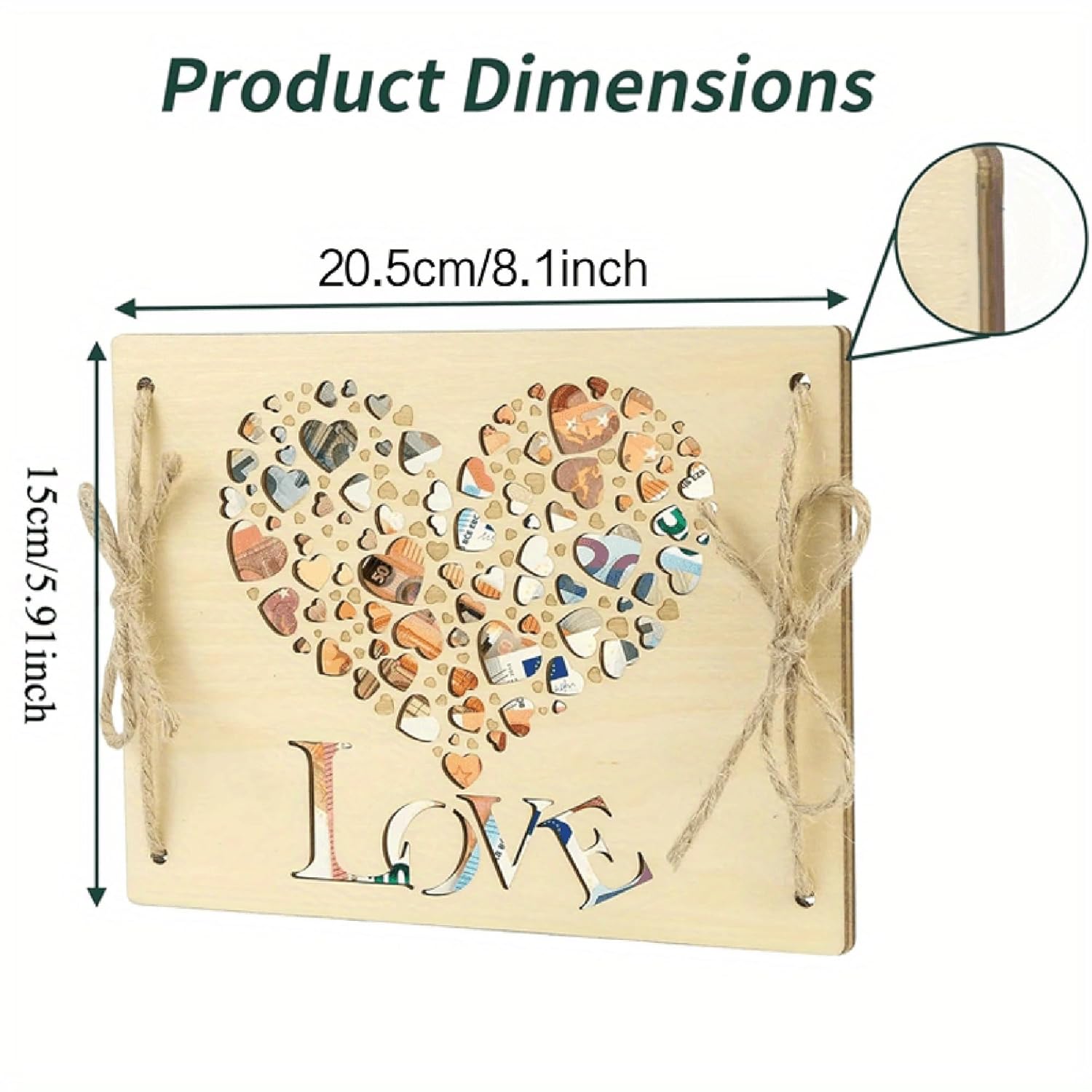 Wooden heart-shaped plaque with 'LOVE' engraving and small heart decorations, showing product dimensions.