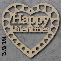 Heart-shaped wooden cutout with 'Happy Valentines' text on a gray background