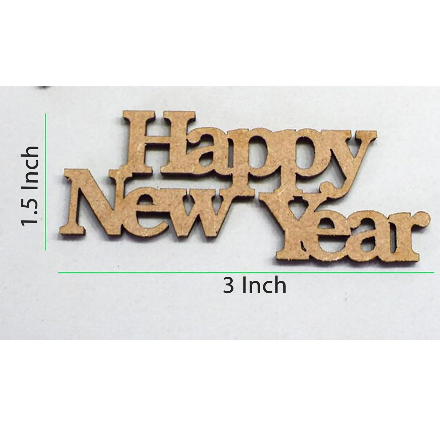 Wooden 'Happy New Year' decoration with measurements on a white background