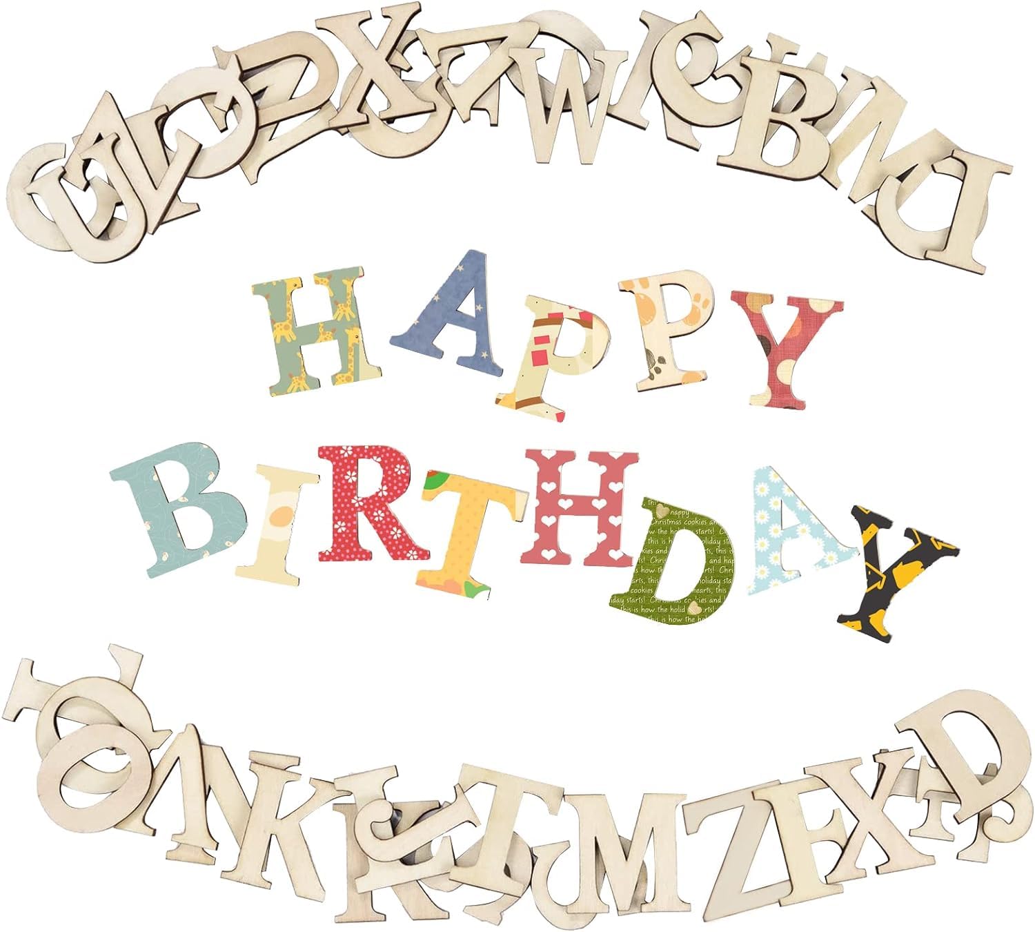 Decorative wooden letters spelling 'Happy Birthday' with a white background