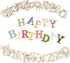Decorative wooden letters spelling 'Happy Birthday' with a white background