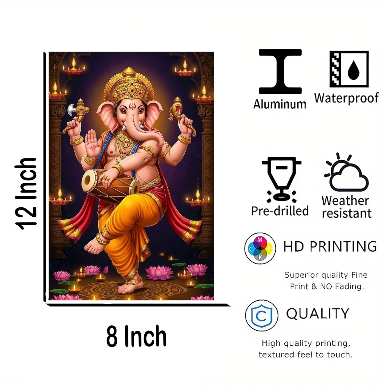 Decorative panel with an image of a deity, featuring size dimensions and product features on a white background.