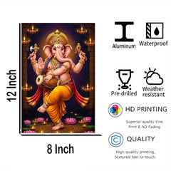 Decorative panel with an image of a deity, featuring size dimensions and product features on a white background.
