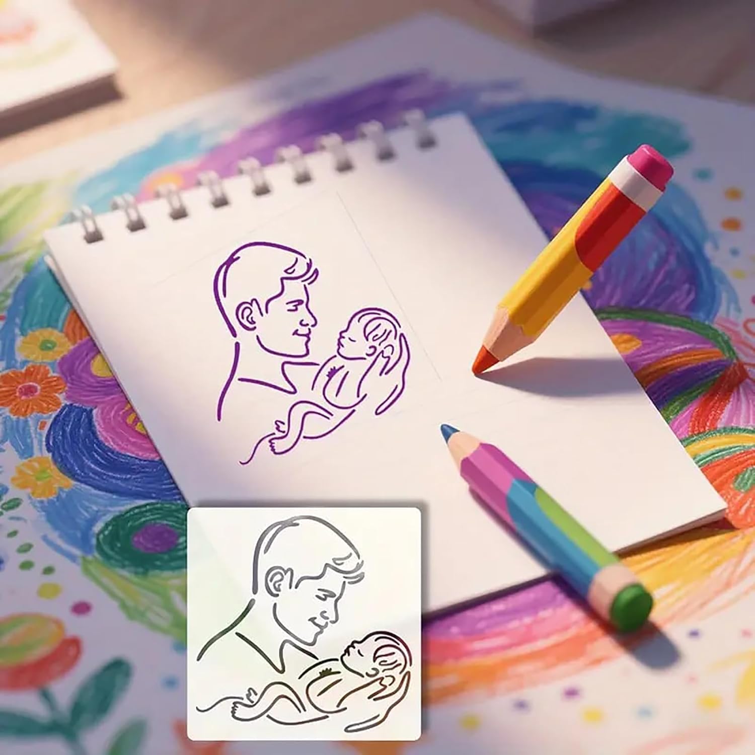 Notebook with drawings of a woman holding a baby, colored pencils on a colorful background