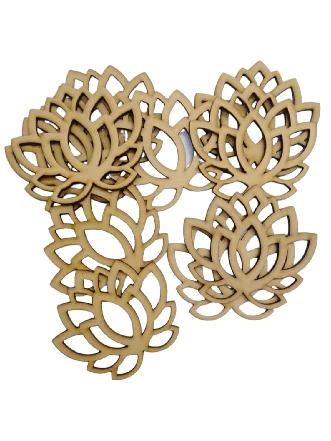 Three wooden lotus flower coasters on a white background